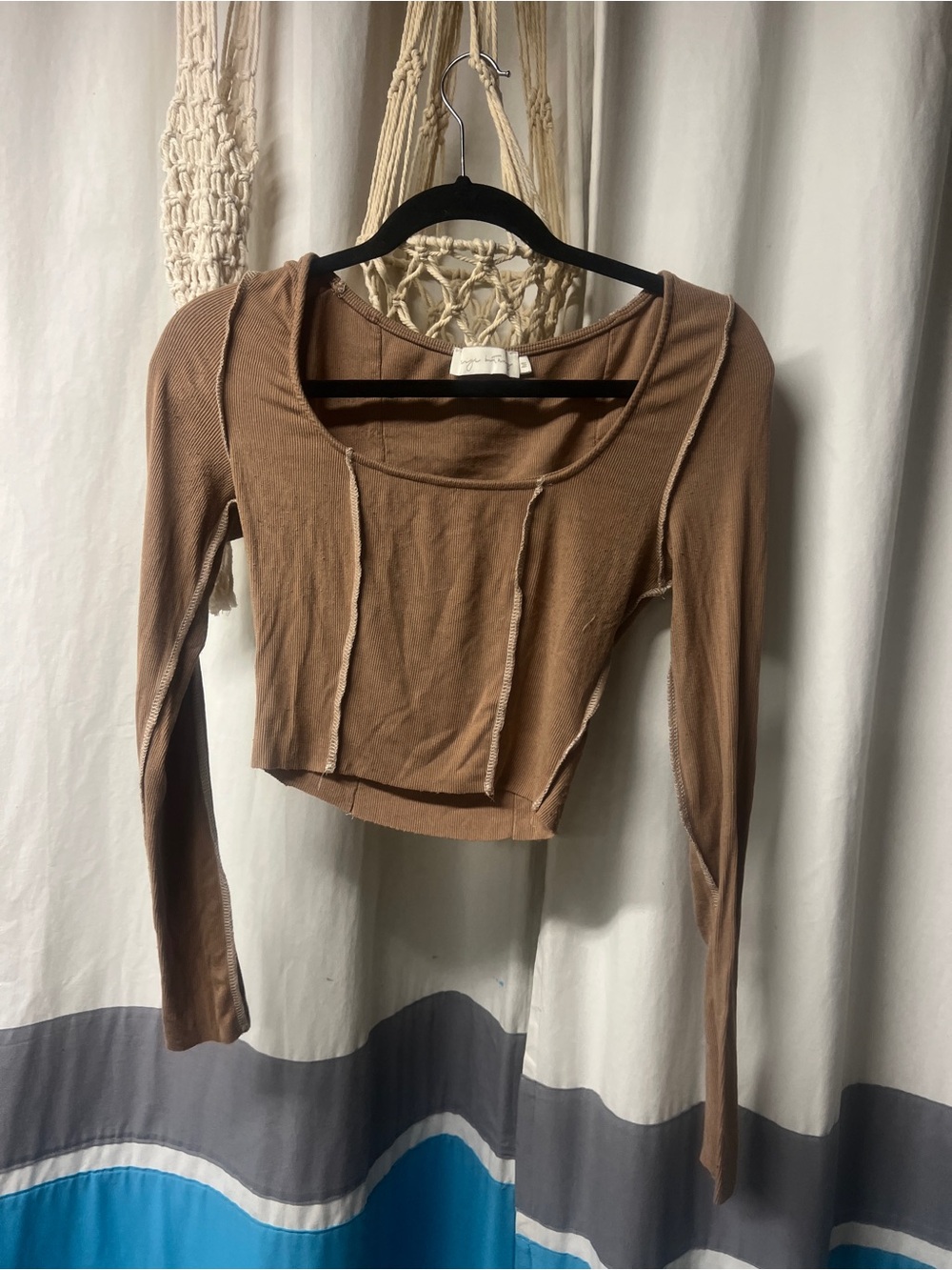 Beige Botany Scoop Neck Cropped Long-Sleeve Top in Brown